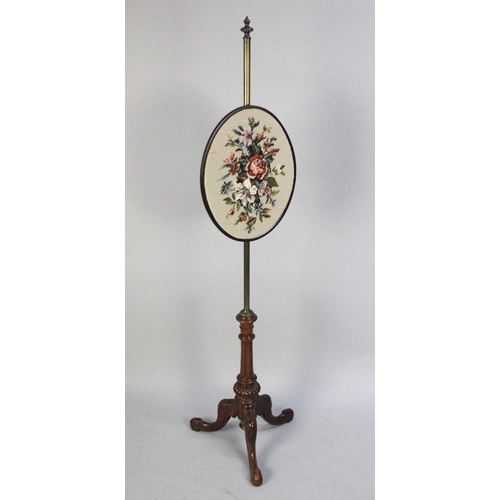 119 - A Late 19th century Mahogany and Brass Rise and Fall Pole Screen with Oval Panel having Floral Tapes... 