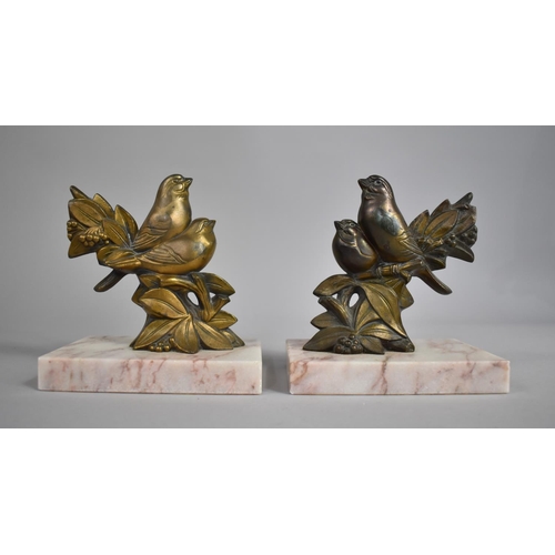 124 - A Pair of French Clock Garnitures in Gilded Metal on Marble Bases in the Form of Bullfinches, 13.5cm... 