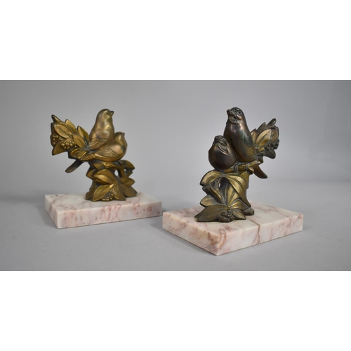 124 - A Pair of French Clock Garnitures in Gilded Metal on Marble Bases in the Form of Bullfinches, 13.5cm... 