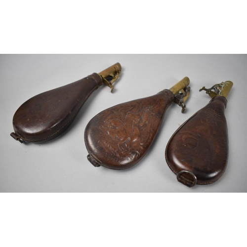 127 - A Collection of Three 19th Century Leather Shot Flasks, One by Hawkesley