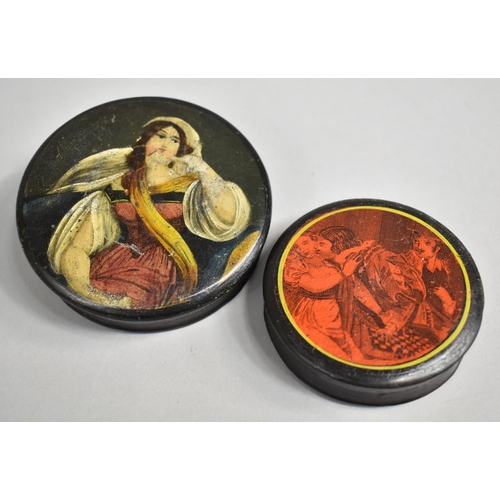 13 - Two 19th Century Circular Papier Mache Snuff Box with Printed and Painted Decoration, 8.25cms and 6.... 