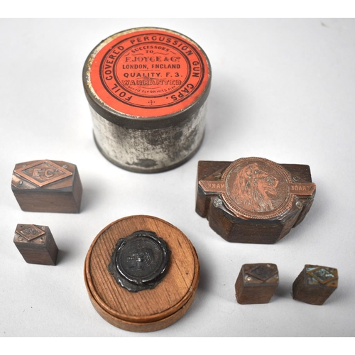 131 - Various Small Vintage Printing Blocks, Percussion Cap Tin (Empty) Etc