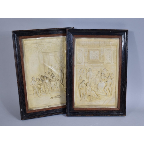 148 - A Pair of Framed Cast Composition Relief Pictures Depicting Court Scene and Murder, Each 29x18cms