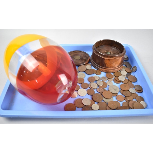 195 - A Collection of Various Foreign Coins, Coin Mounted Coaster Set and a Hand Blown Glass Egg