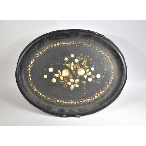 203 - A 19th Century Mother of Pearl Inlaid Papier Mache Oval Tray, 62cms Wide, Condition Issues