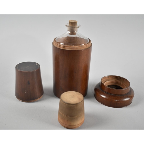 22 - A Nice Quality Turned Mahogany Cased Glass Travel Flask with Screw Off Top Incorporating Wooden Cup,... 