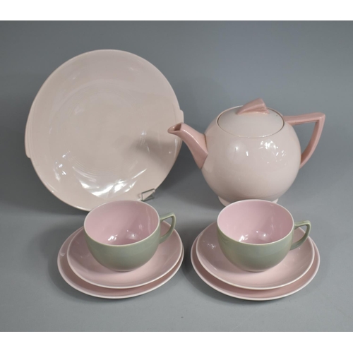 289 - An Art Deco Wedgwood & Co 'Blush Rose' Teapot and Plate together with Two Branksome Trios