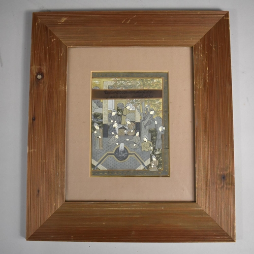 291 - A Framed Persian Painting Depicting Figures in Court Scene with Verse, Subject 14x19cm