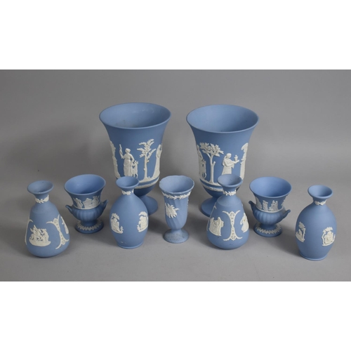 304 - A Collection of Various Blue and White Jasperware to comprise Pair of Large Vases, 20cms High, Toget... 