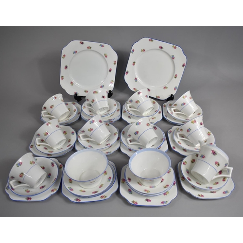 320 - A Colclough Rose Pattern and Blue Trim Tea Set to comprise Cups, Saucers, Side Plates, Cake Plates E... 