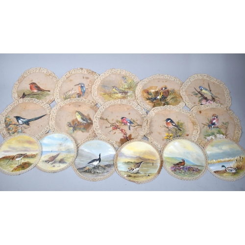 35 - A Collection of 14 Circular Hand Painted Silk Coasters Depicting British Birds, 18cms Diameter and 1... 