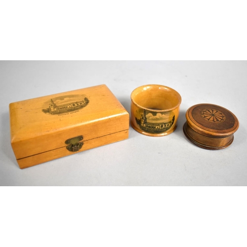 51 - A Mauchline Ware Napkin ring for Hatfield Church together with a Rectangular Lidded Box Also for Hat... 