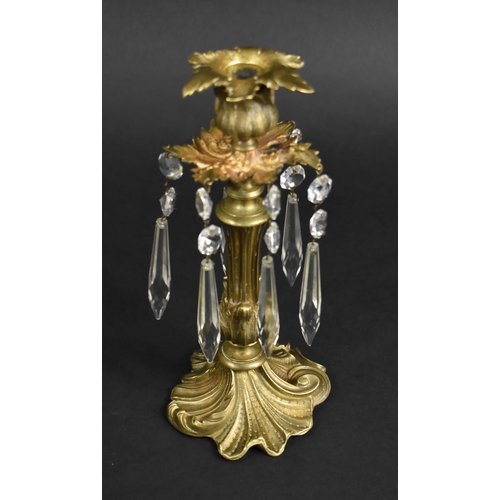 57 - An Edwardian Bronze Weighted Candlestick with Crystal Droppers, 23cms High