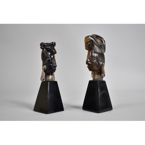 67 - A Pair of South American Carved Tigers Eye Busts on Onyx Pyramid Bases with Amethyst Mounted Earring... 