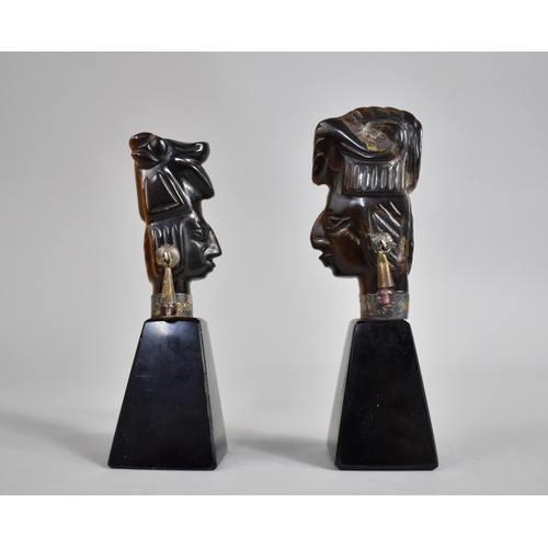 67 - A Pair of South American Carved Tigers Eye Busts on Onyx Pyramid Bases with Amethyst Mounted Earring... 