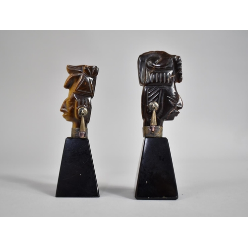 67 - A Pair of South American Carved Tigers Eye Busts on Onyx Pyramid Bases with Amethyst Mounted Earring... 