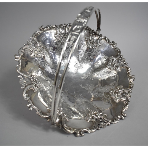 71 - An Edwardian Silver Plated Cake Basket with Hinged Loop Handle, Engraved and Moulded Decoration, 26c... 