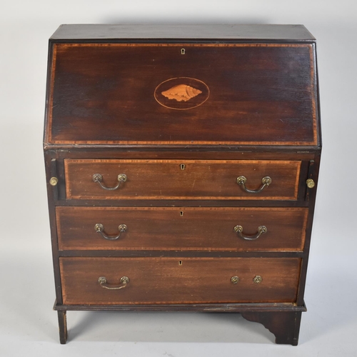 96 - A Mid 20th Century Fall Front Bureau with Three Drawers to Base, Fitted Interior, 76cms Wide