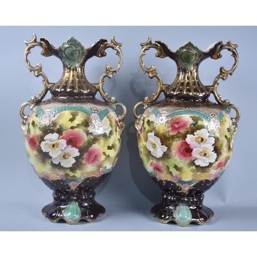 98 - A Pair of Edwardian Continental Two Handled Mantel Vases, Floral Decoration, One Glued Lip, 43cms Hi... 