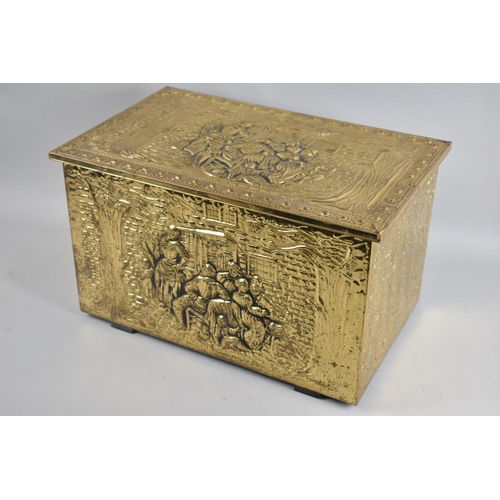 102 - A Mid 20th Century Pressed Brass Slipper Box, the Lid and Front Pattern Decorated with Tavern Scenes... 