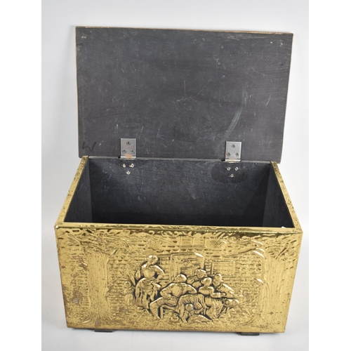 102 - A Mid 20th Century Pressed Brass Slipper Box, the Lid and Front Pattern Decorated with Tavern Scenes... 