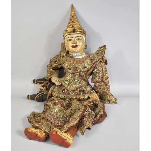 103 - A Vintage East Asian Carved Wooden Marionette in Sequined and Jewelled Robe, 85cm High