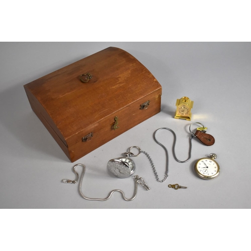 106 - A Modern Dome Topped Box Containing Two Modern Pocket Watches and A Miniature Brass Mantle Clock