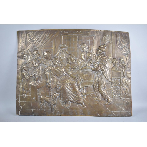 113 - A Large Pressed Brass Rectangular Panel Depicting Entertainer at Feast, 67x50cm