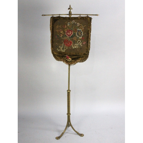 114 - A Late Victorian Gilt Metal Pole Screen with Needlework Tapestry Shield Shaped Banner on Chased Pole... 