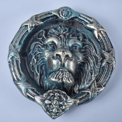 115 - A Large Green Patinated Cast Metal Circular Lion Mask Door Knocker, 22cm Diameter, +VAT