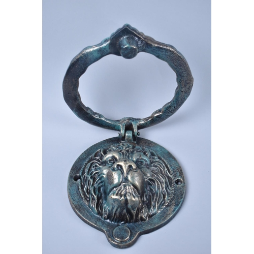 115 - A Large Green Patinated Cast Metal Circular Lion Mask Door Knocker, 22cm Diameter, +VAT