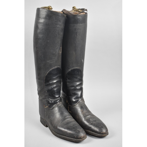 118 - A Pair of Vintage Leather Ladies Riding Boots, Have been Repaired, with Wooden Trees, Condition Issu... 