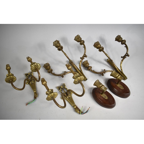 276 - A Pair of Three Branch Brass Candle Sconces of Foliate Scrolled Form Together with a Pair of Candle ... 