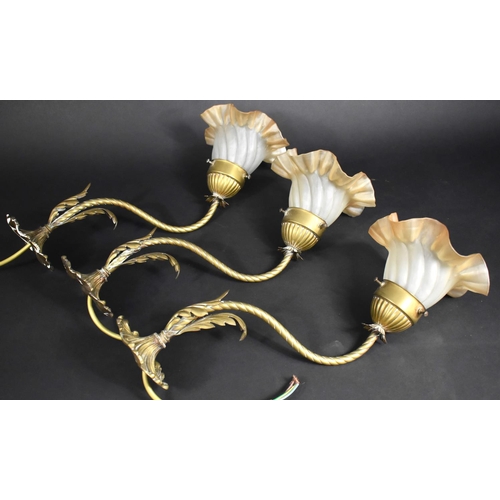 277 - Three Victorian Style Brass Single Arm Wall Light Sconces with Vaseline Glass Floral Shade and Twist... 