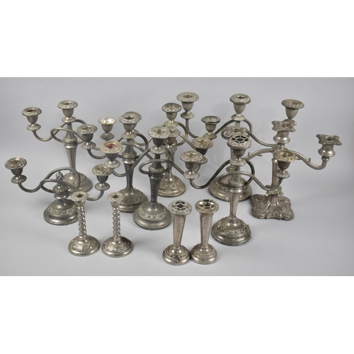 301 - A Collection of Various Silver Plated Three Branch Candelabras to Include Three Branch Examples etc