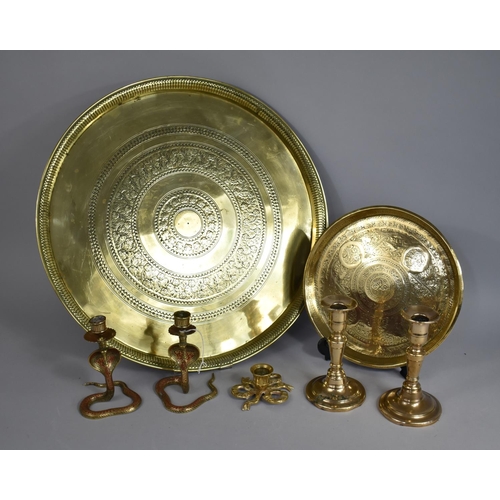 302 - A Collection of Brass Ware to Comprise Large Charger with Lipped Rim and Engraved Decoration, a Smal... 