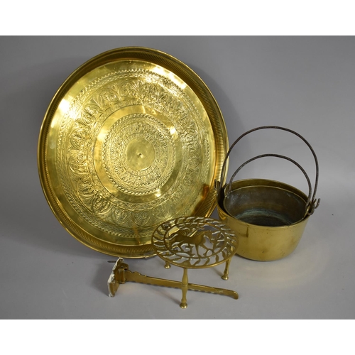 303 - A Collection of Brass to Comprise Engraved Brass Charger with Lipped Rim, 42cm Diameter Together wit... 