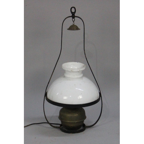 313 - A Wrought Metal Hanging Light Fitting with Opaque Glass Shade