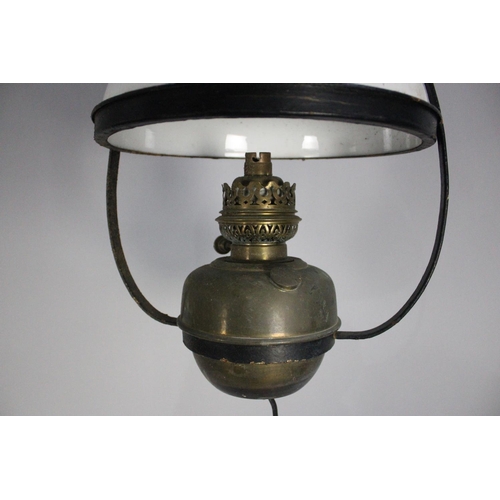 313 - A Wrought Metal Hanging Light Fitting with Opaque Glass Shade