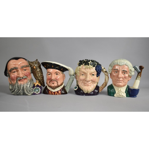 321 - Four Royal Doulton Figures, Merlin D6529, Henry VIII D6642, Bacchus D6505 and Apothecary D6567