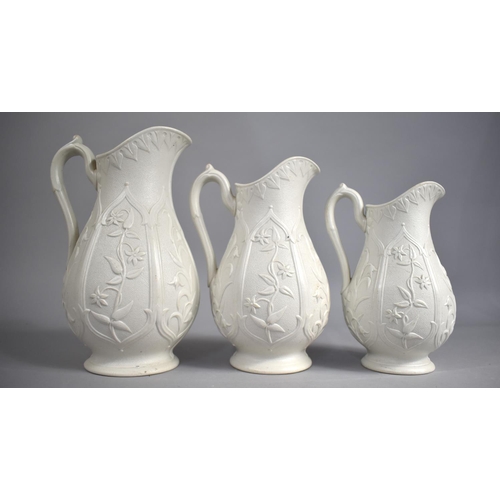 326 - A Graduated Set of Three 19th Century Relief Jugs by Beech & Hancock, Condition Issues