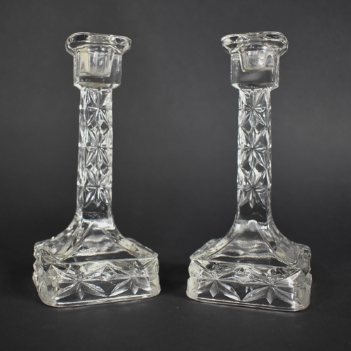 336 - A Pair of Moulded Glass Candle Sticks on Cube Bases, 18.5cm high