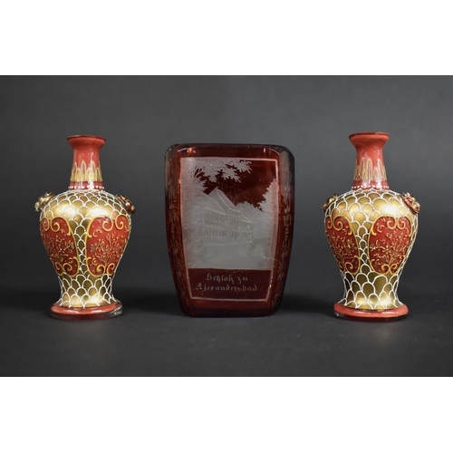 337 - A 19th Century Ruby Acid Etched Vase Decorated with German Alexandersbad Building, 9.5cm high Togeth... 