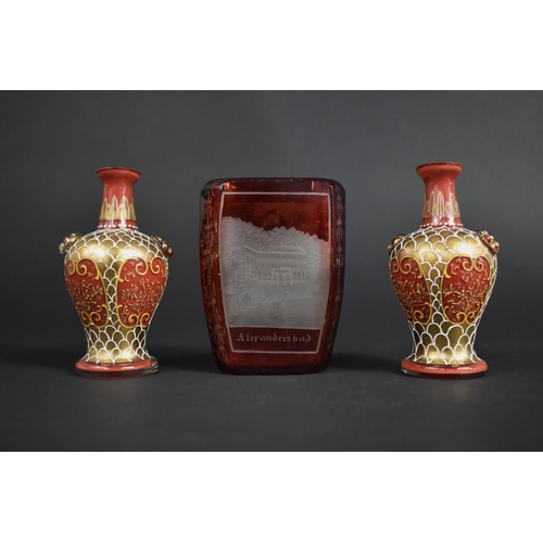 337 - A 19th Century Ruby Acid Etched Vase Decorated with German Alexandersbad Building, 9.5cm high Togeth... 