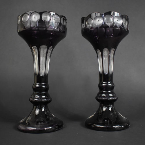 340 - A Pair of Aubergine Glass Overlaid Lustre Vases (No Droppers), 30cm high