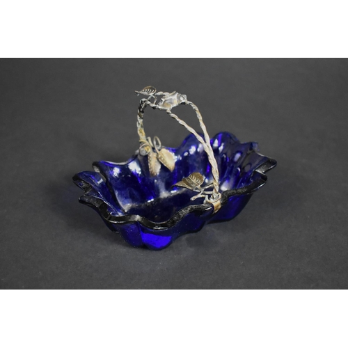 341 - A Cobalt Blue Glass and Silver Handled Sweetmeat Basket The Handle with Rose Head and Leaves