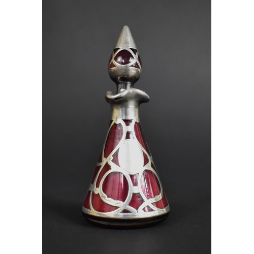 342 - A Silver Overlay and Cranberry Glass Perfume Bottle