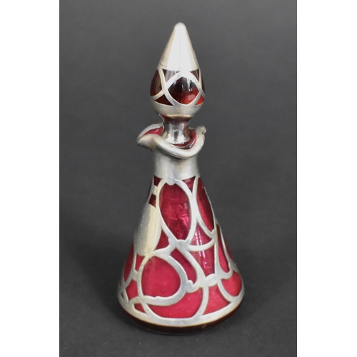 342 - A Silver Overlay and Cranberry Glass Perfume Bottle