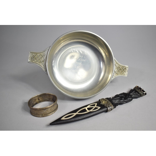 353 - A Silver Plated Presentation Quaish Together with a Scottish Carrick Dagger and a Silver Napkin Ring