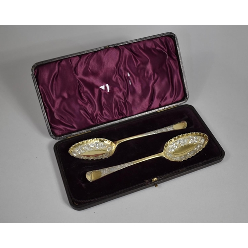 362 - A Cased Pair of Silver Berry Spoons by Thomas Levesley T.L. for Levesley Bros, Sheffield 1896 Hallma... 